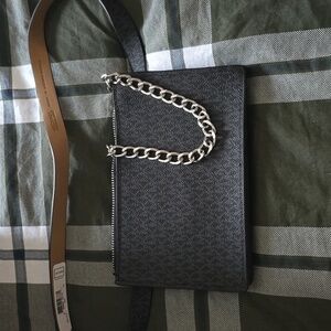 Womens Black Chain  Belt Bag With Silver Chain.